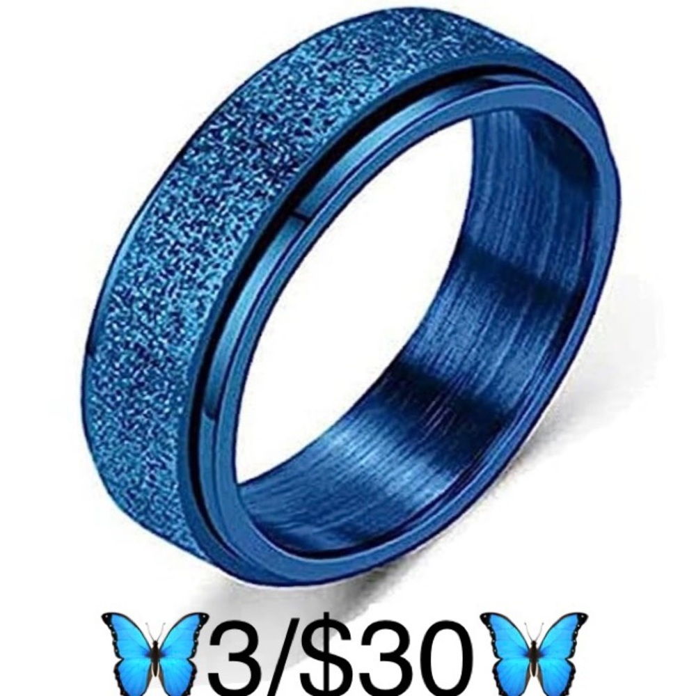 Blue Stainless Steel Glittery Frosted Sand Finish Fidget Spinner Ring, size 7